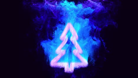 christmas tree silhouette, new year composition with luma matte as alpha channel, ink effect. colored glow particles are emitted underwater and swirl like ink in water. festive blue background.