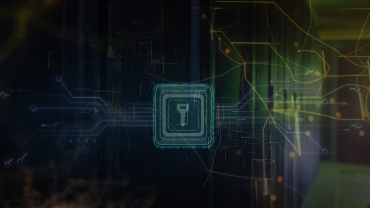 animación de la clave y la red de conexiones a través de la sala de servidores