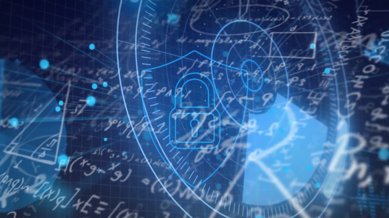 검은 바탕의 디지털 아이콘 위에 수학 방정식의 애니메이션