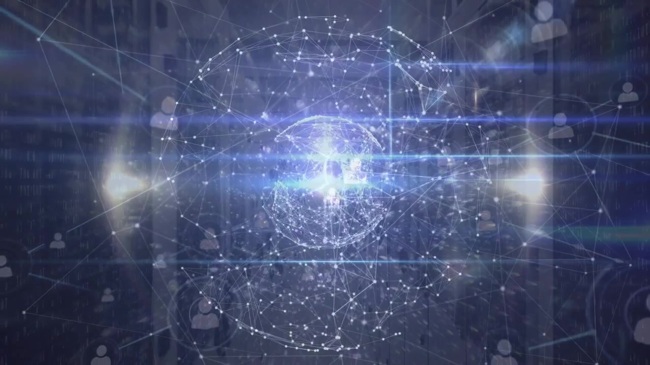 Animazione di rete di connessioni e globo su sala server