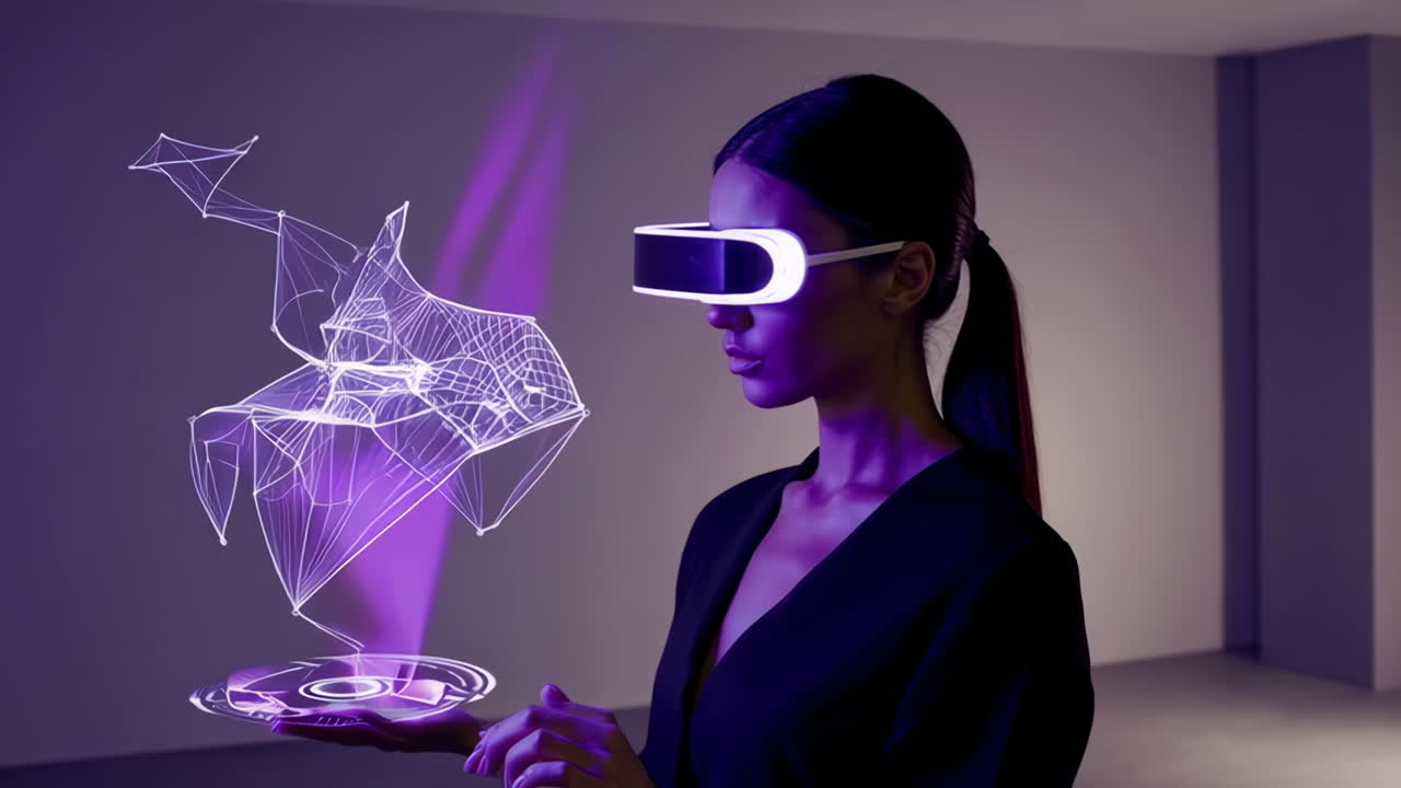 Woman Interacting with Futuristic Holographic VR/AR Display