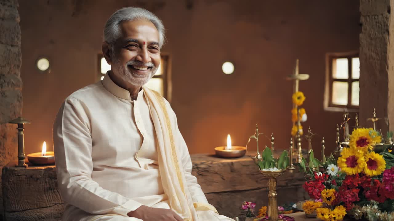 Elderly Indian priest smiling peacefully, surrounded by vibrant floral arrangements, gleaming brass lamps, and warm candlelight within serene temple interior
