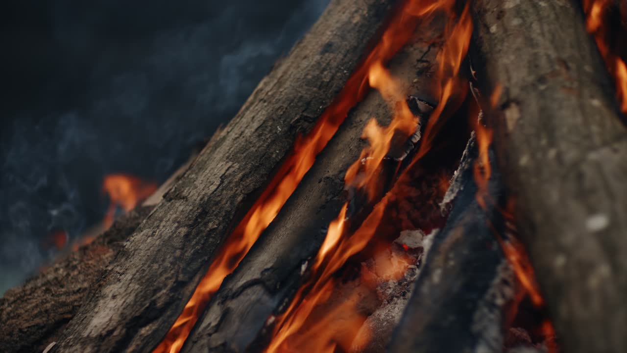 Extreme close up on a shamanic fire shows stacked logs engulfed in bright orange flames, turning rough bark and embers into an intense moving texture of heat