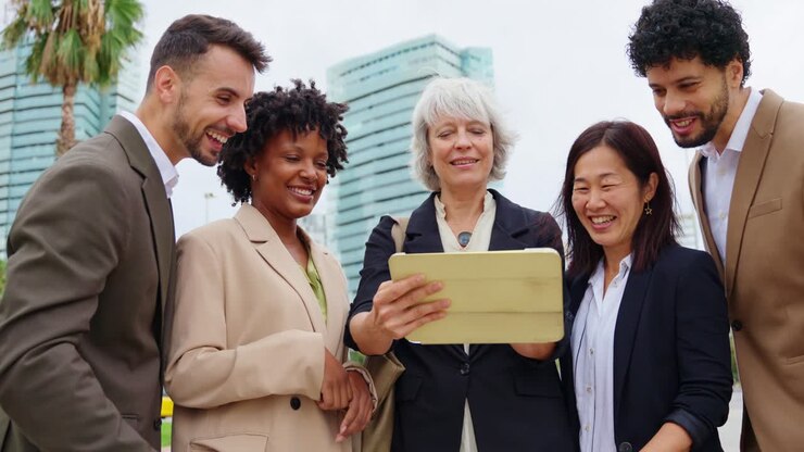 Business team looking at tablet