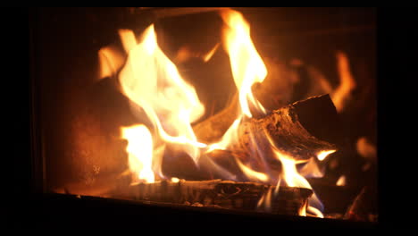 close-up shot wood log thrown into home fireplace, glowing flames