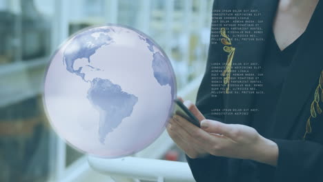 animation of globe and data processing over hands of caucasian woman using smartphone