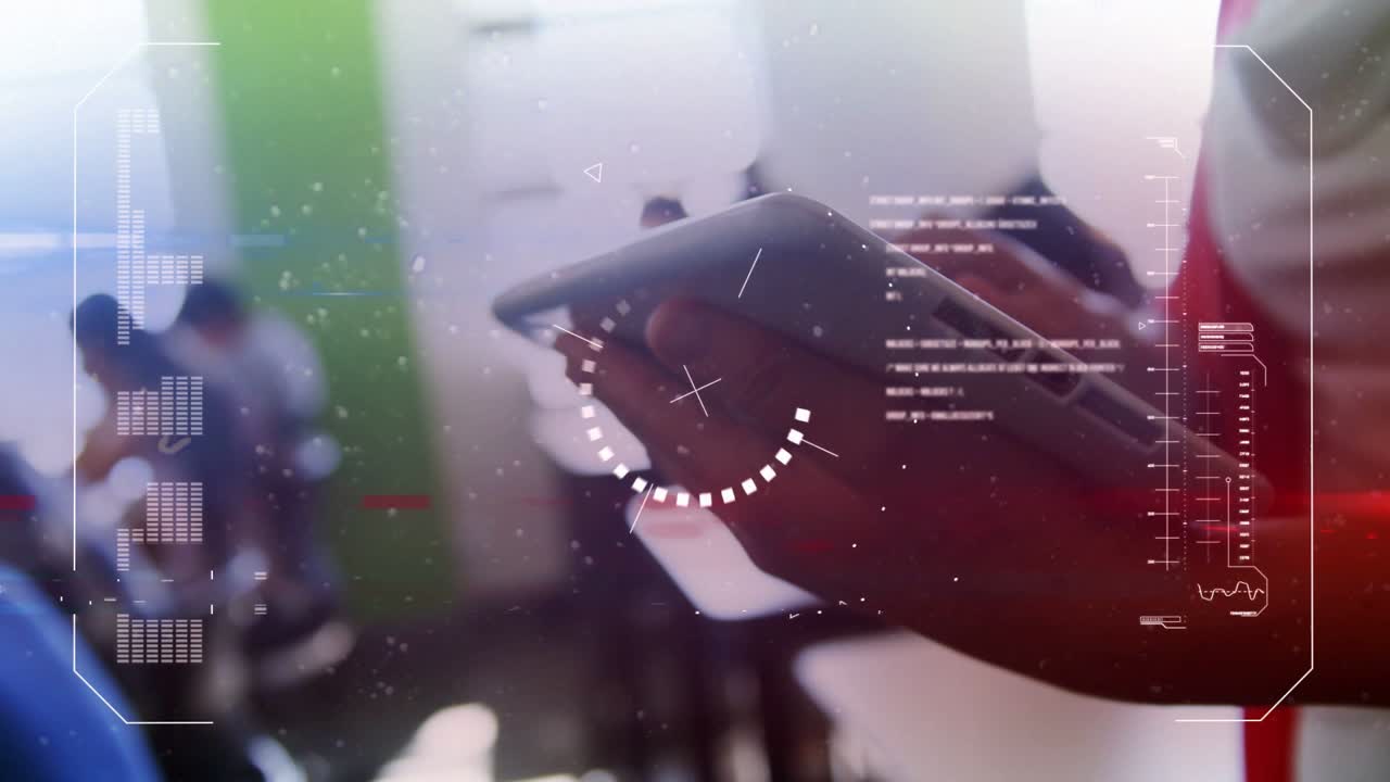 Student tapping and swiping white device in classroom, activating HUD overlay showing lesson data