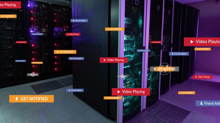 Animation of social media icons floating against computer server room