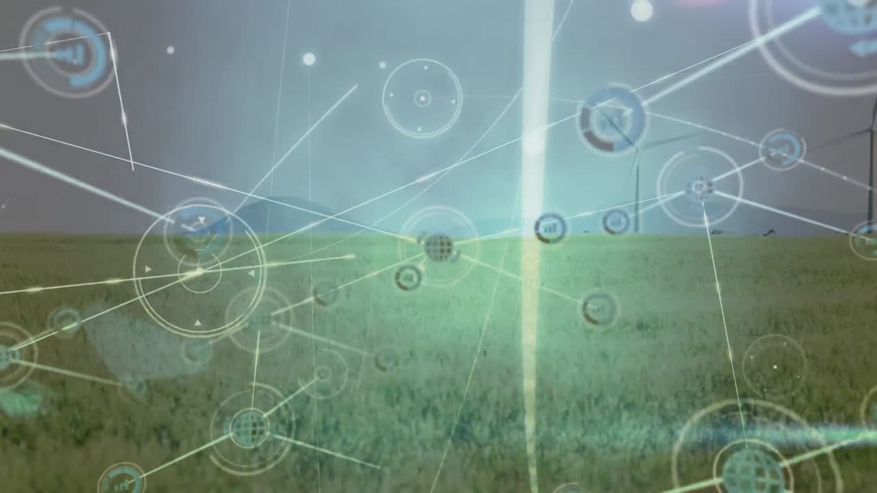 풍력 터빈 위의 아이콘으로 연결된 네트워크의 애니메이션