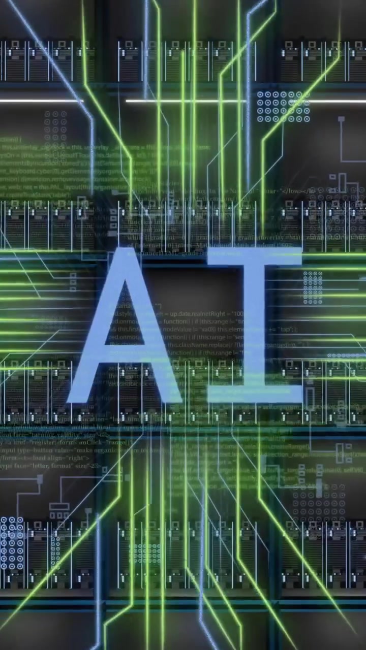 Animation of ai digital data processing and text over computer servers