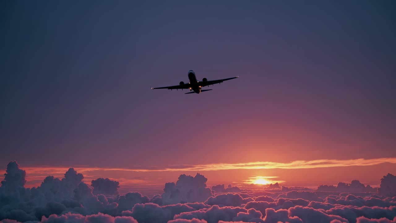 Aerial video captures a plane flying above vibrant clouds at sunset, viewed from behind