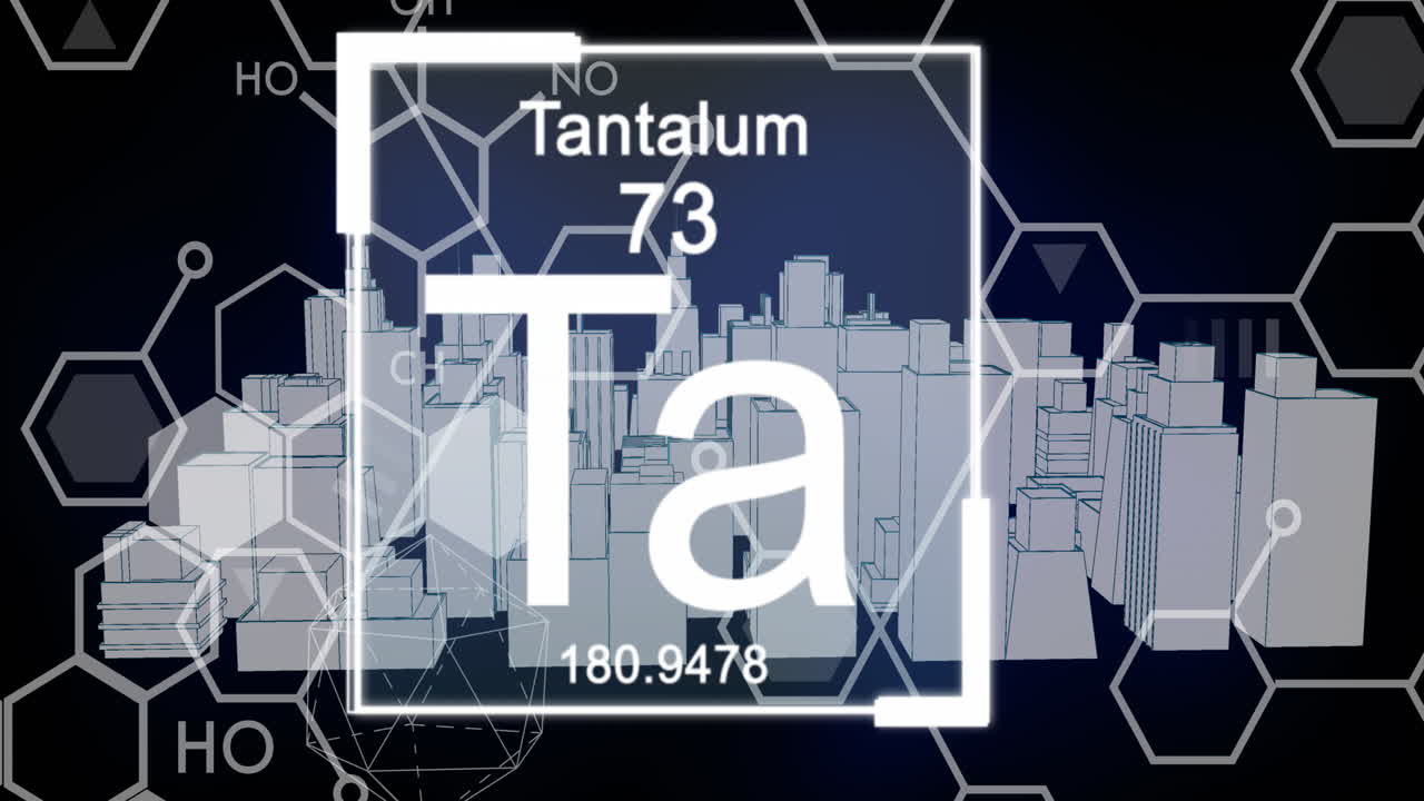 검은색 배경에 디지털 도시 위의 요소와 함께 화학 공식의 애니메이션