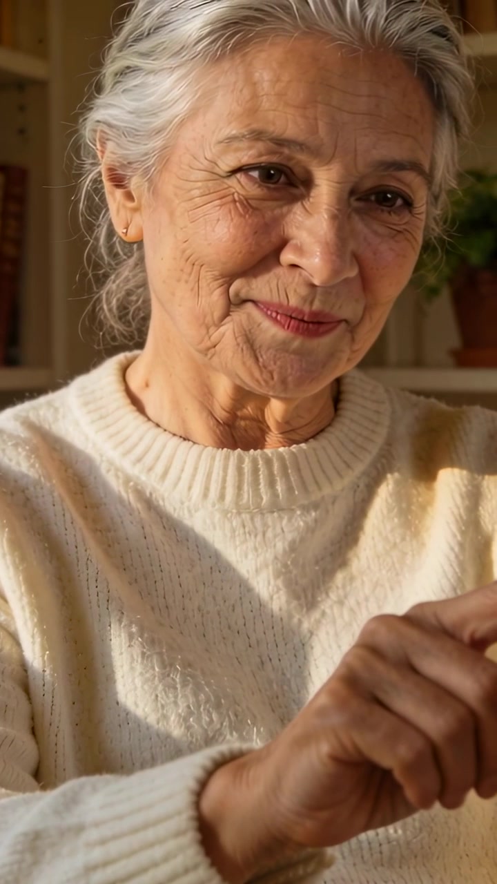 Vertical video: Smiling senior woman looking and tapping unseen device at home study, cream sweater