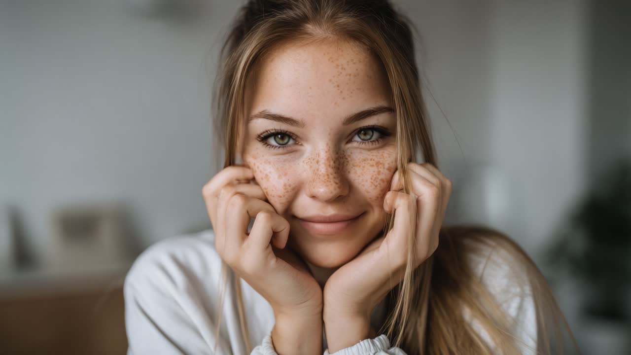 Captivating Portrait of a Young Woman with Freckles and Bright Eyes, Exuding Joy and Serenity Through a Charming Smile in a Softly Lit Interior Setting