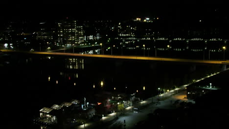 Night-time-lapse-of-Tegsbron-in-downtown-Umeå,-Sweden,-hotel-view
