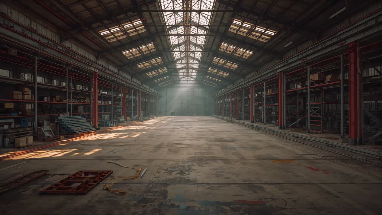 Pushing camera along empty central aisle, revealing shifting skylight beams, metal racks