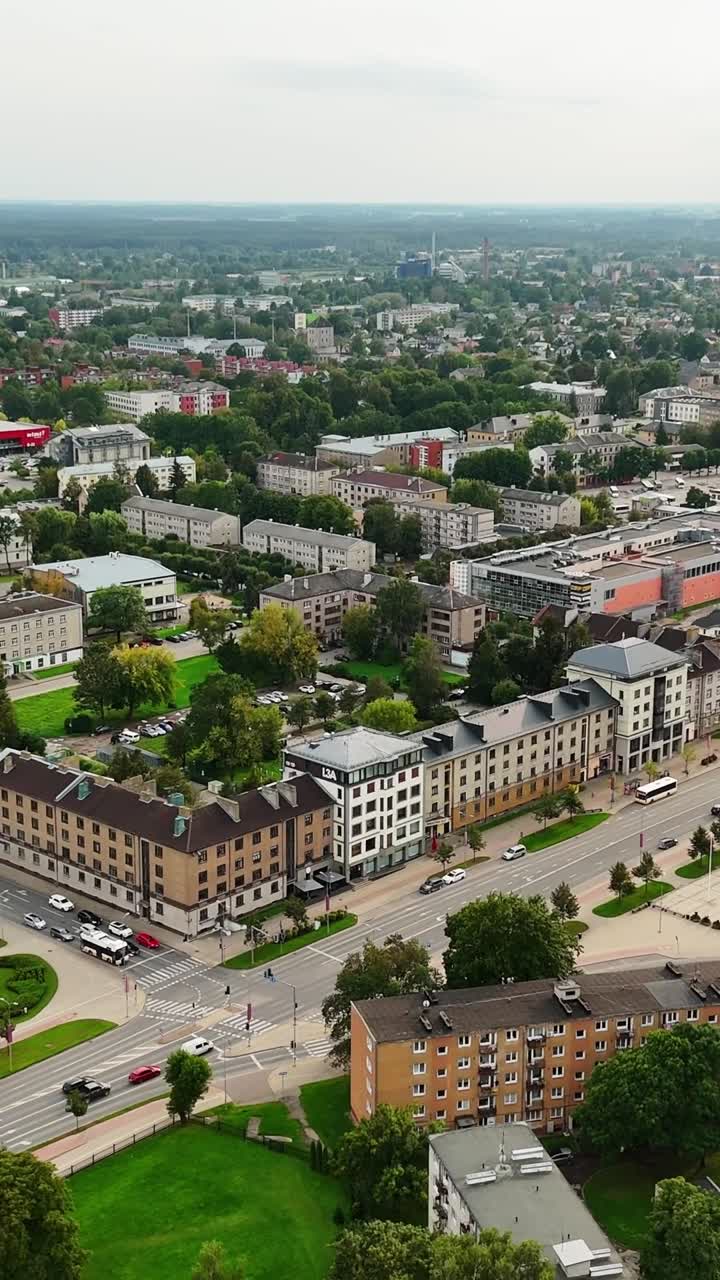 Vertical drone view of Jelgava residential area with streets and greenery