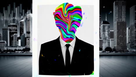 abstract figure with vibrant swirl head in cityscape