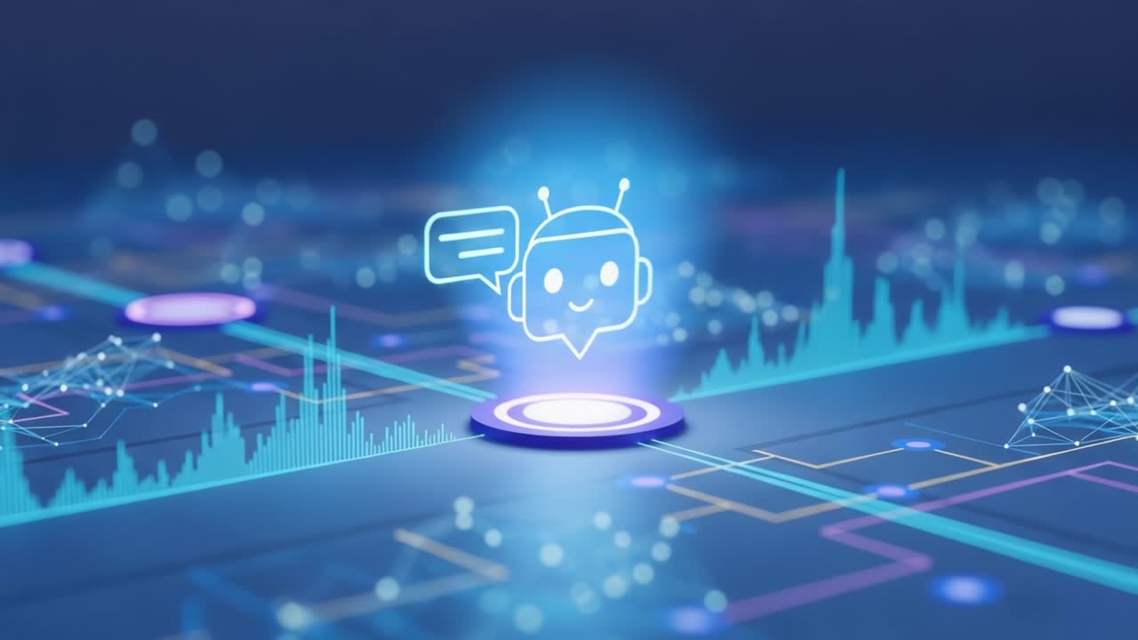 An Advanced Chatbot Illustration Surrounded by Data Visualization, Representing Modern Communication and AI Interactions in a Digital Environment