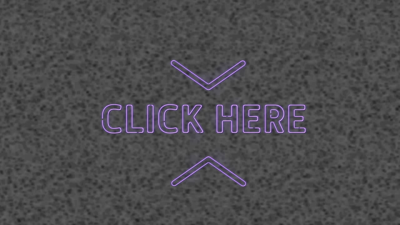 animación de texto de neón púrpura, haga clic aquí, en fondo de textura gris