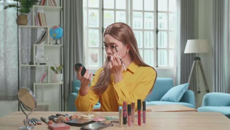 influencer young transgender woman blogger talks about makeup. blogger talks facial beauty treatments. vlogger broadcasts how to use of cosmetic in home studio