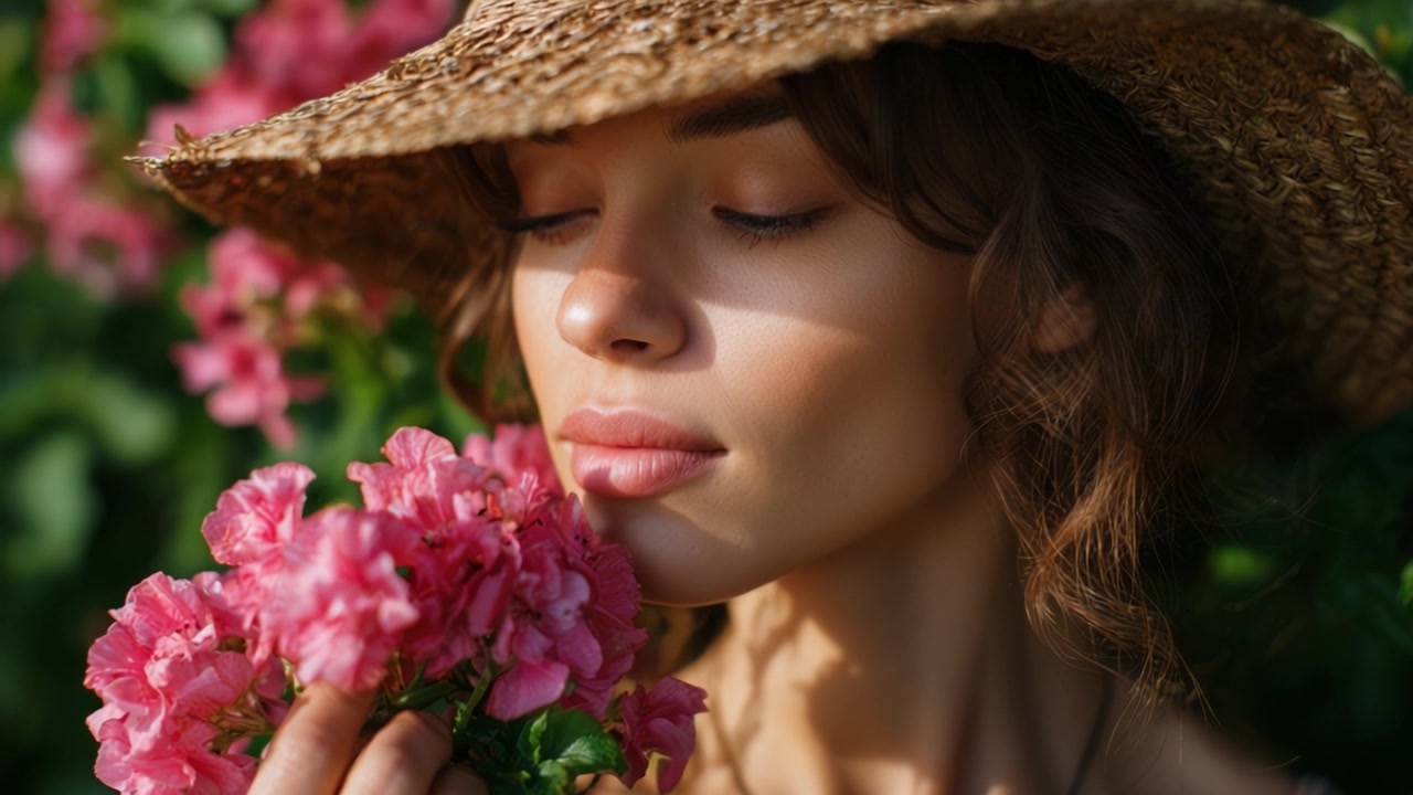 Un momento sereno di una donna con un cappello di paglia, che ammira la bellezza dei fiori rosa, persa nei pensieri in un lussureggiante giardino tra petali in fiore e foglie verdi.