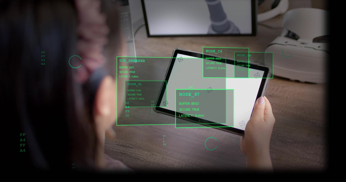Wanita memberi isyarat di atas tablet, menyebabkan panel HUD hijau menyoroti NODE_87 dan memantau data teknologi.
