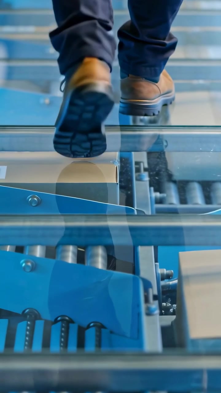 Vertical video: Lifting foot worker's boots walking across glass over conveyor at plant to cross