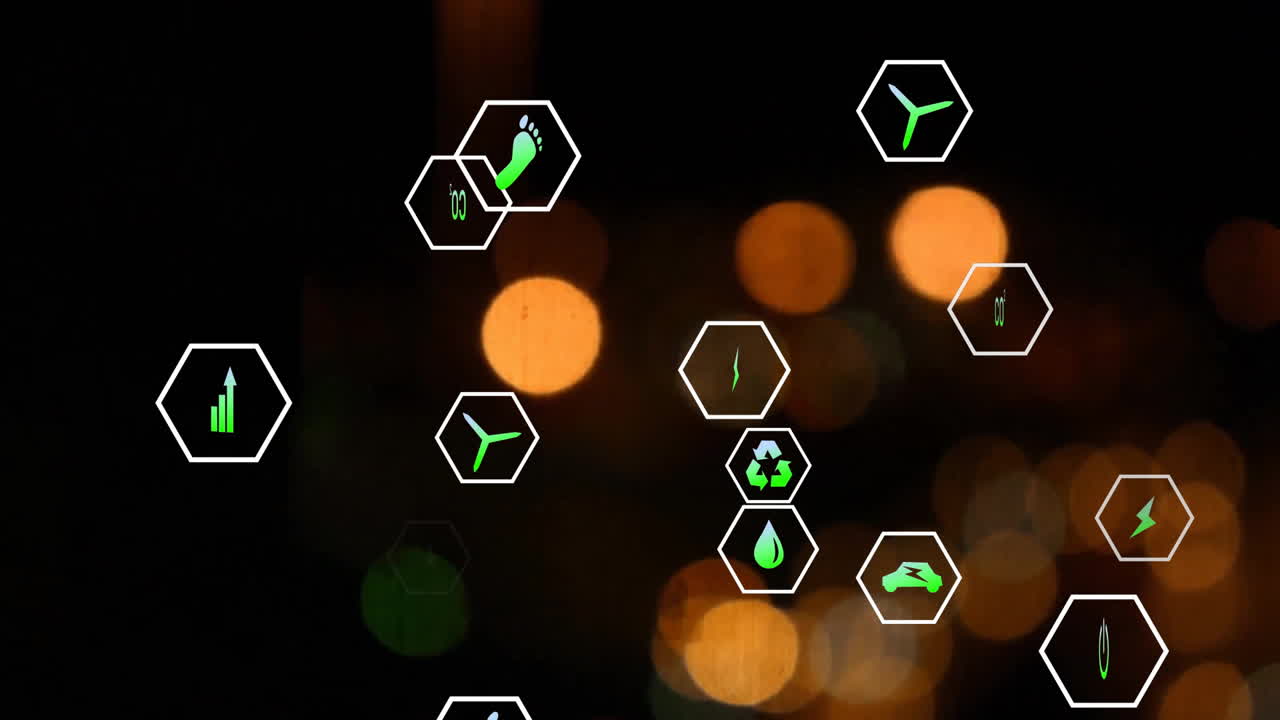 초록색 아이콘의 애니메이션과 데이터 처리가 초점 밖의 도시 조명