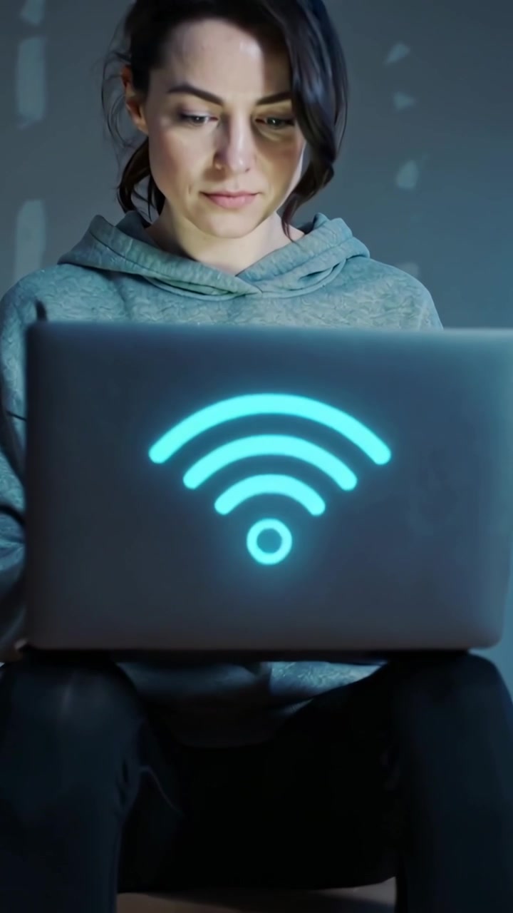 Vertical video: Picking laptop, woman noticing blue WiFi icon, checking signal in workroom, hoodie