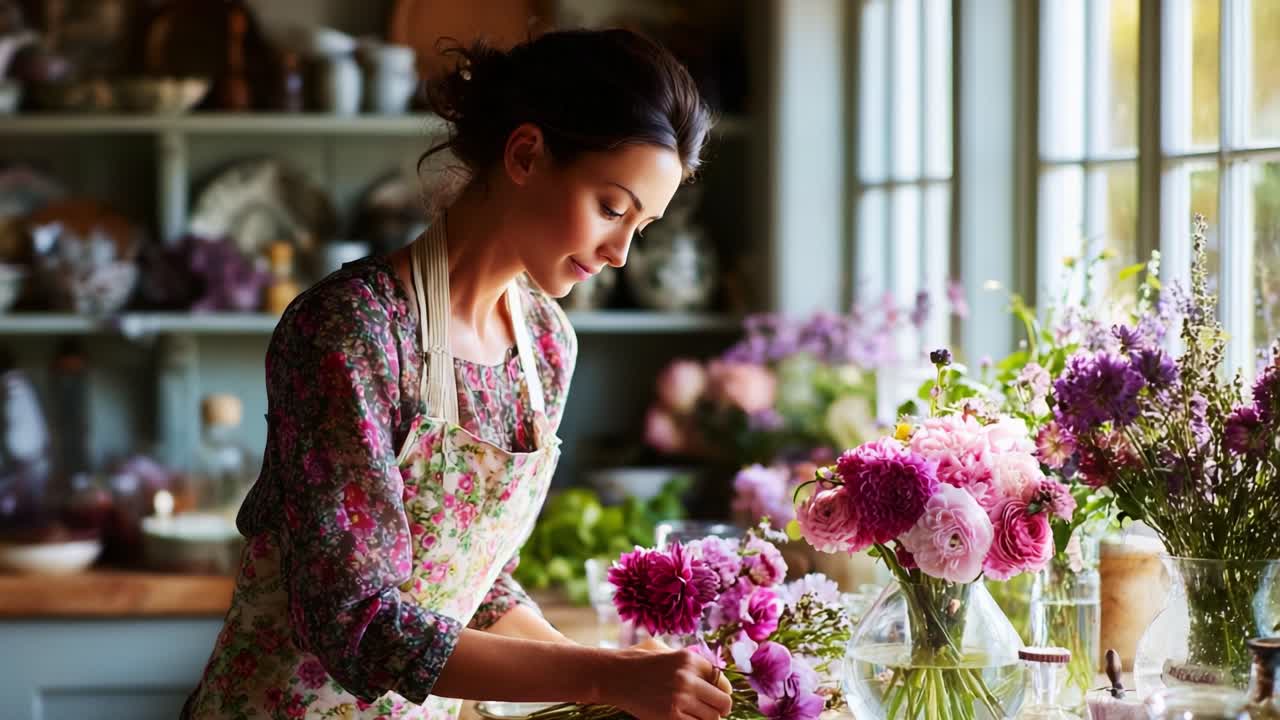 A Blossoming Artisan: Captivating Moments of a Skilled Florist arranging Radiant Bouquets with Vibrant Flowers, Embracing Nature's Beauty in Serene Craftsmanship