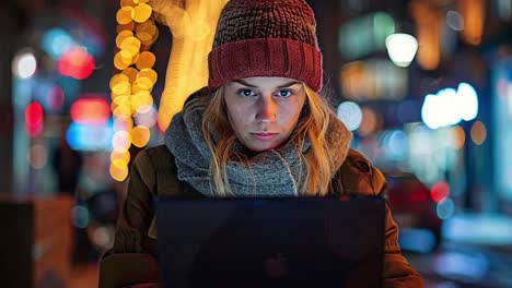 a woman focused on a digital device at night in an urban setting