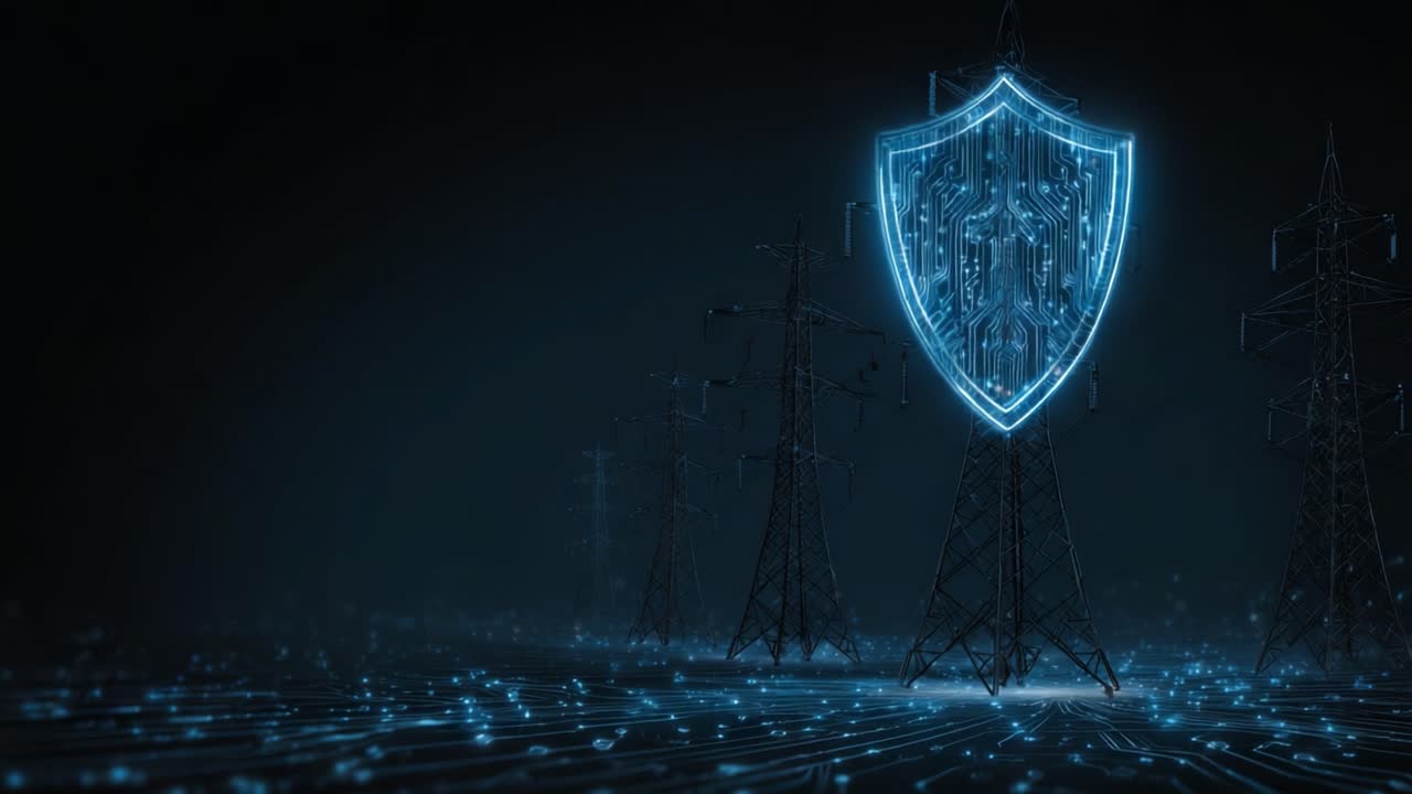 A Futuristic Visualization of Cybersecurity and Power Infrastructure, Featuring Digital Shields Protecting Transmission Towers in an Abstract Electric Landscape