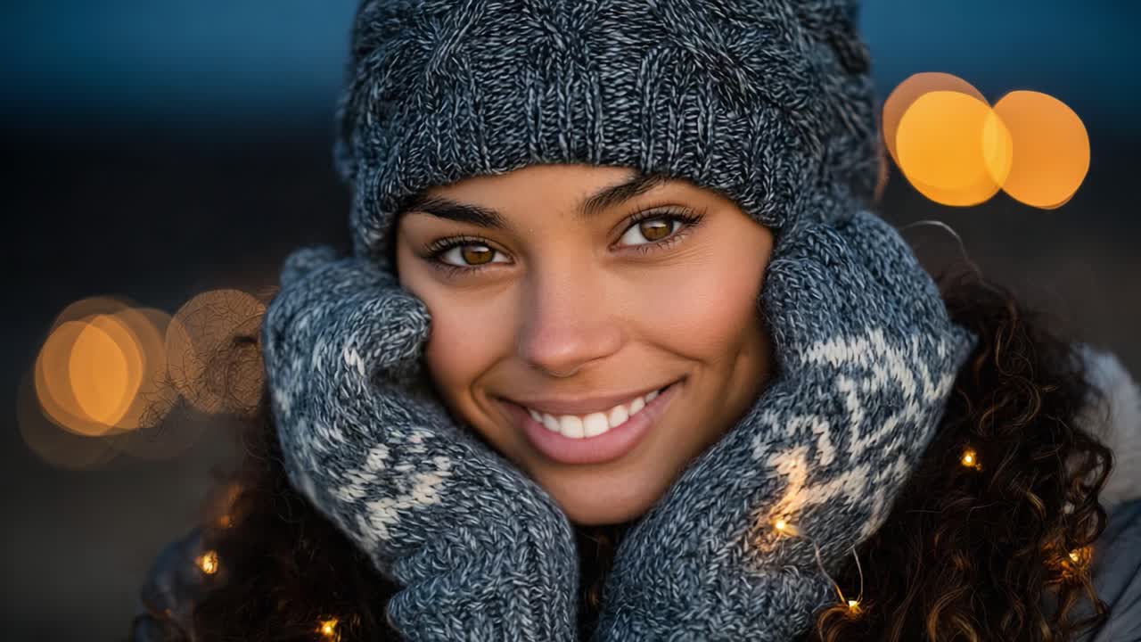 A joyful woman in a cozy winter setting, wearing a warm knitted hat and gloves, smiling brightly against a backdrop of gentle, glowing bokeh lights, embodying warmth and happiness