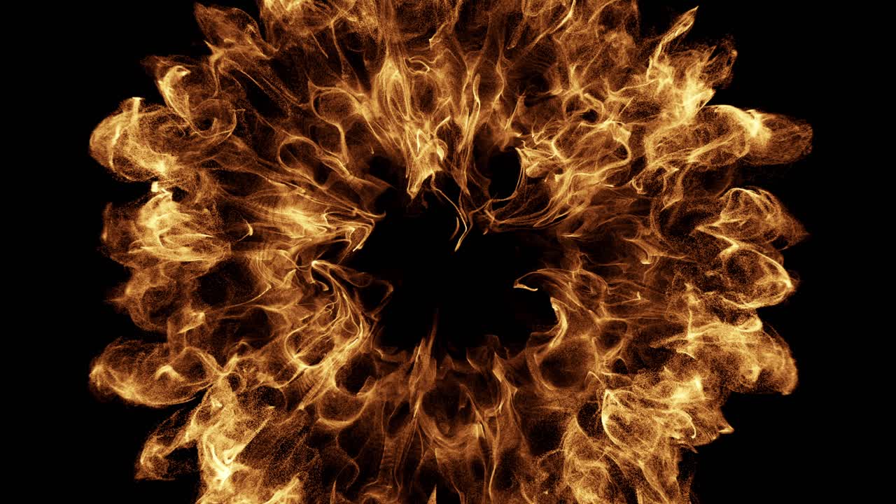 Dynamic Fire Burst Effect with Glowing Particles on Black Background