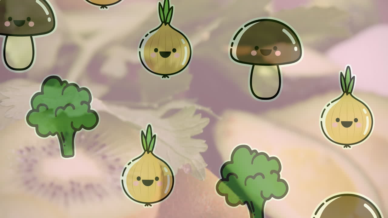 신선하게 절단 된 키위 과일 과 아보카도 위 에 있는 채소 와 함께 그림 의 애니메이션