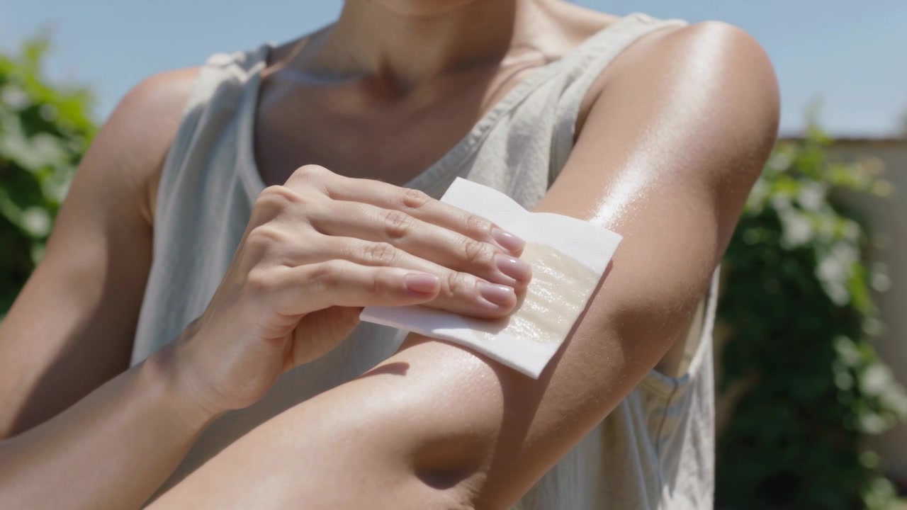 Holding folded white pad, woman pressing and wiping forearm in garden, sleeveless top, removing oil