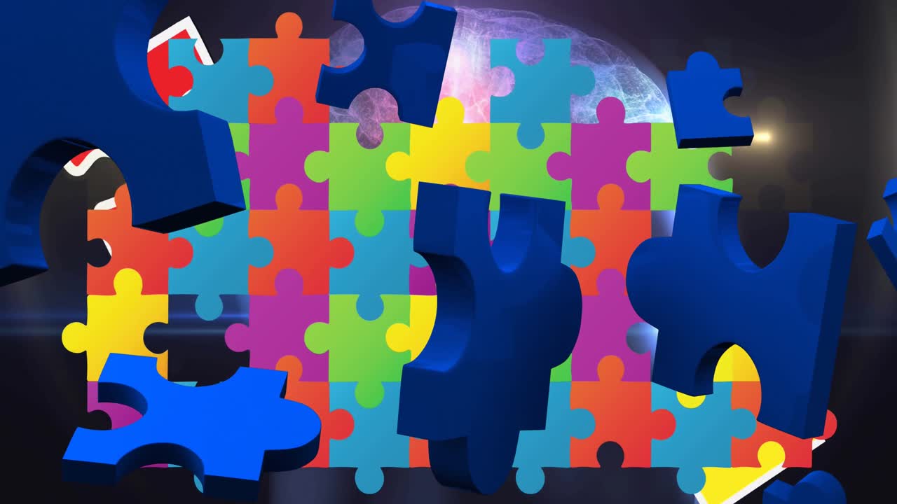 animaciones de piezas de rompecabezas coloridas que caen sobre un fondo oscuro.