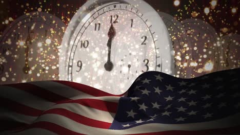 animación digital del reloj marcando hacia las 12 de la noche y colocó la bandera estadounidense 4k