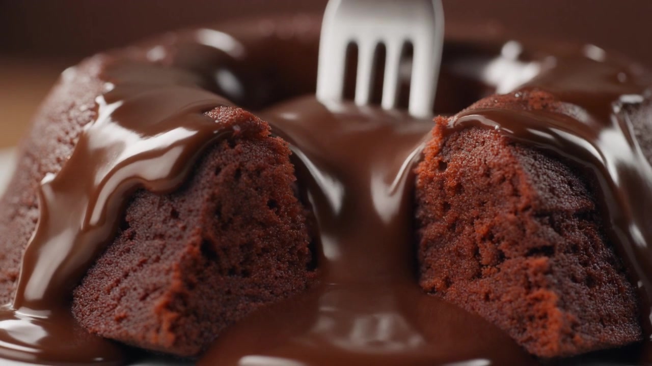 Forchetta che taglia un ricco tortino al cioccolato con cuore fondente
