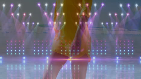 standing in vibrant atmosphere, person with colorful lights and reflections around