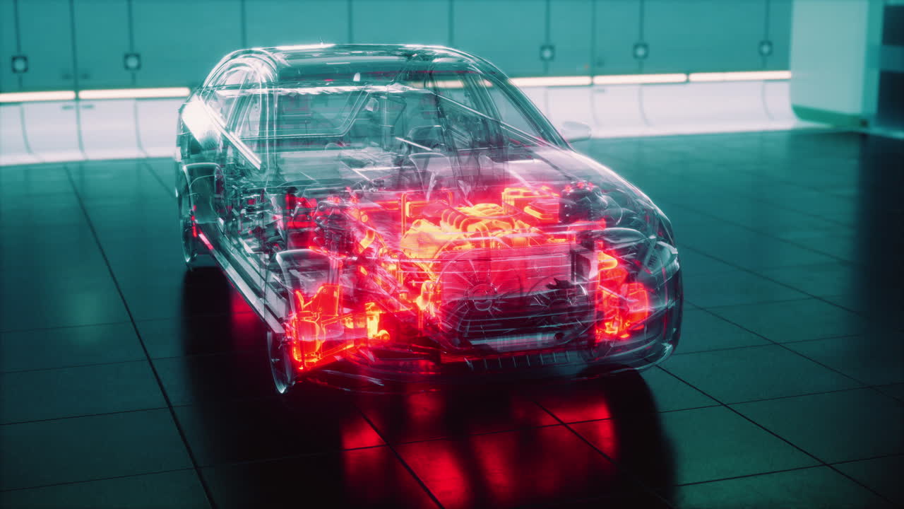 transparent car with engine in laboratory