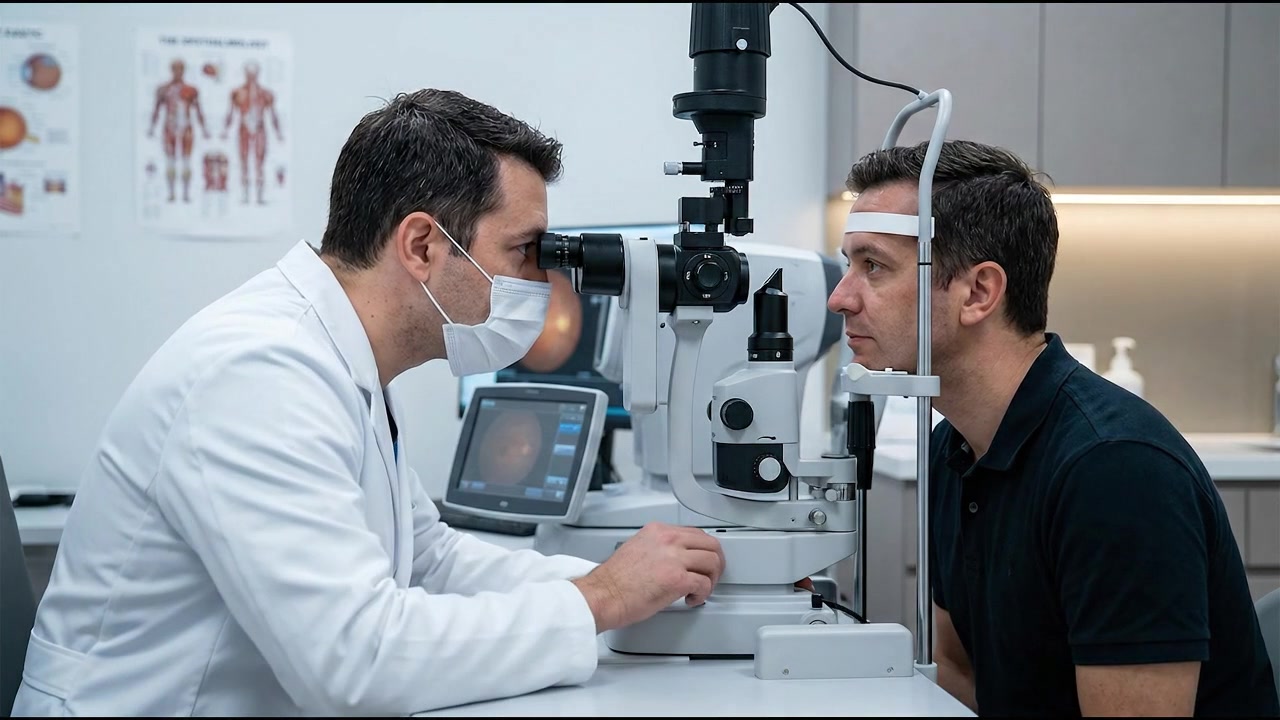 Medical specialist performing a close diagnostic examination on a male patient during focused professional clinical work