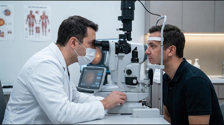 Medical specialist performing a close diagnostic examination on a male patient during focused professional clinical work