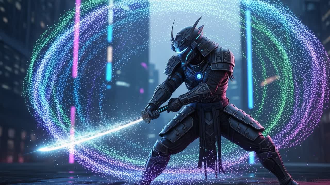 Un guerriero mistico in armatura high-tech brandisce una spada luminosa, circondato da un'incantevole esposizione di onde di luce colorate in un paesaggio urbano futuristico.