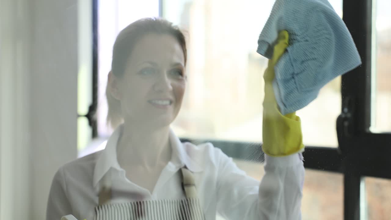 Woman in Gloves Cleaning Window