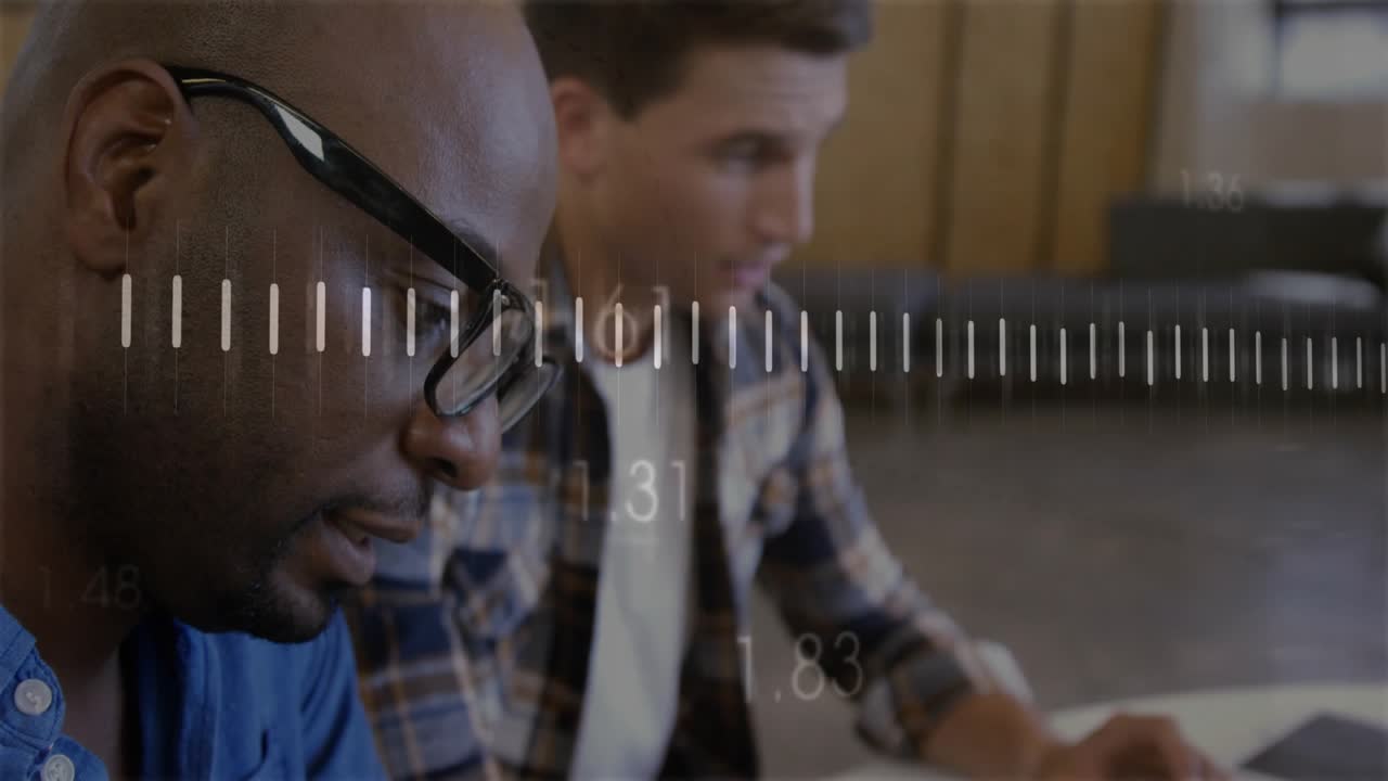 Lead reviewing business analytics as colleague typing, bar graph and waveform shifting
