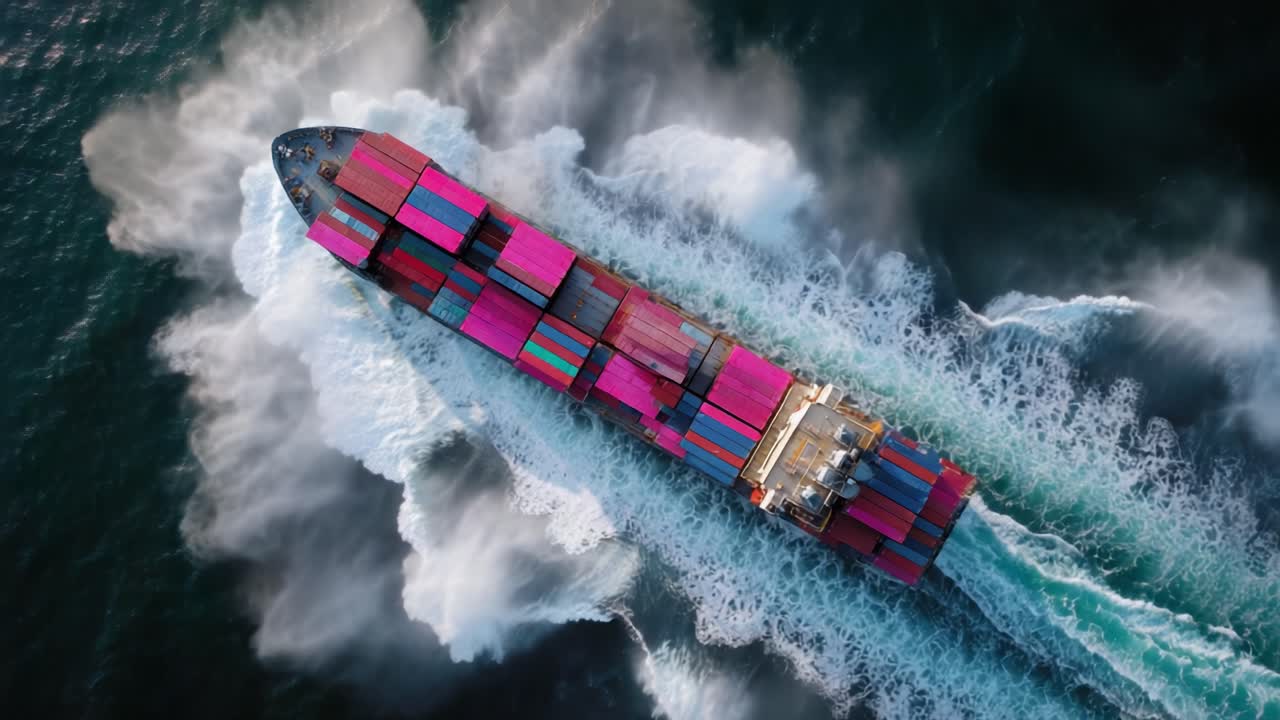 Aerial View of a Vibrant Container Cargo Ship Navigating Through Turbulent Waters, Showcasing Dynamic Movement Amidst Foamy Waves
