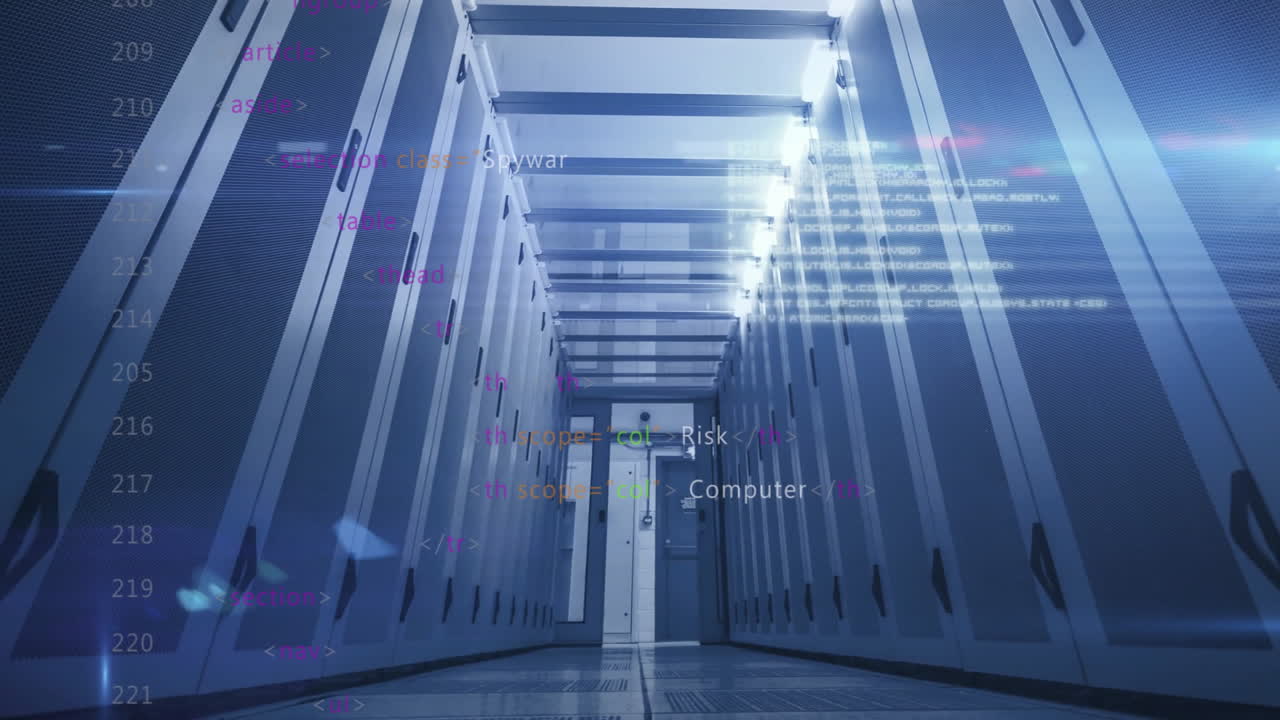 Computer code and cybersecurity terms animation over data center server racks
