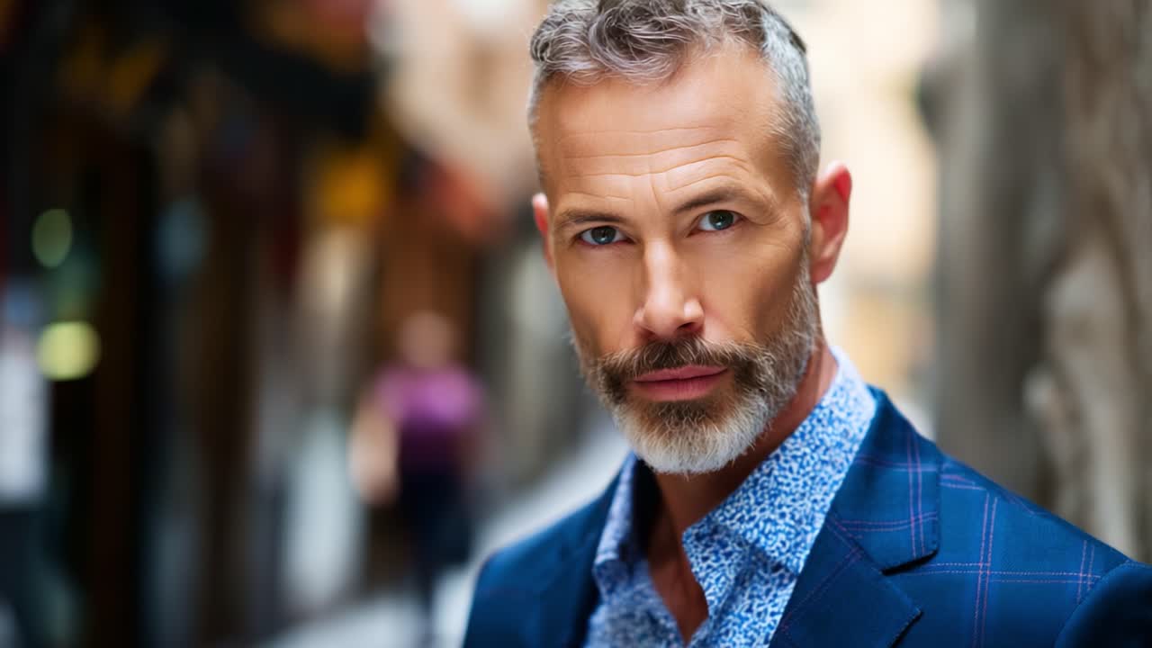 En selvsikker og karismatisk mand med et velplejet skæg og stilfuld påklædning poserer eftertænksomt i en smal gyde og udstråler charme og elegance